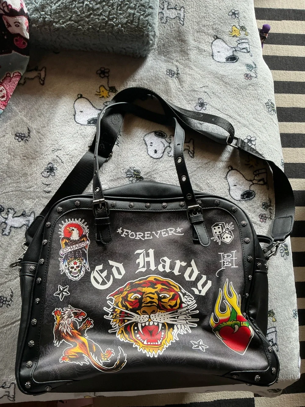 Ed Hardy Black Graphic Tote with Multicolor Tattoo Prints